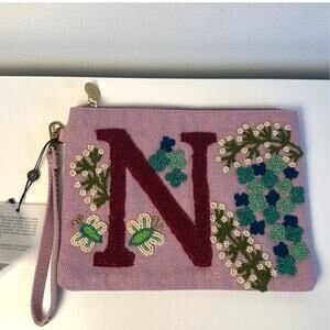 NWT America & Beyond Beaded & Embroidered Monogram 'N' Wristlet